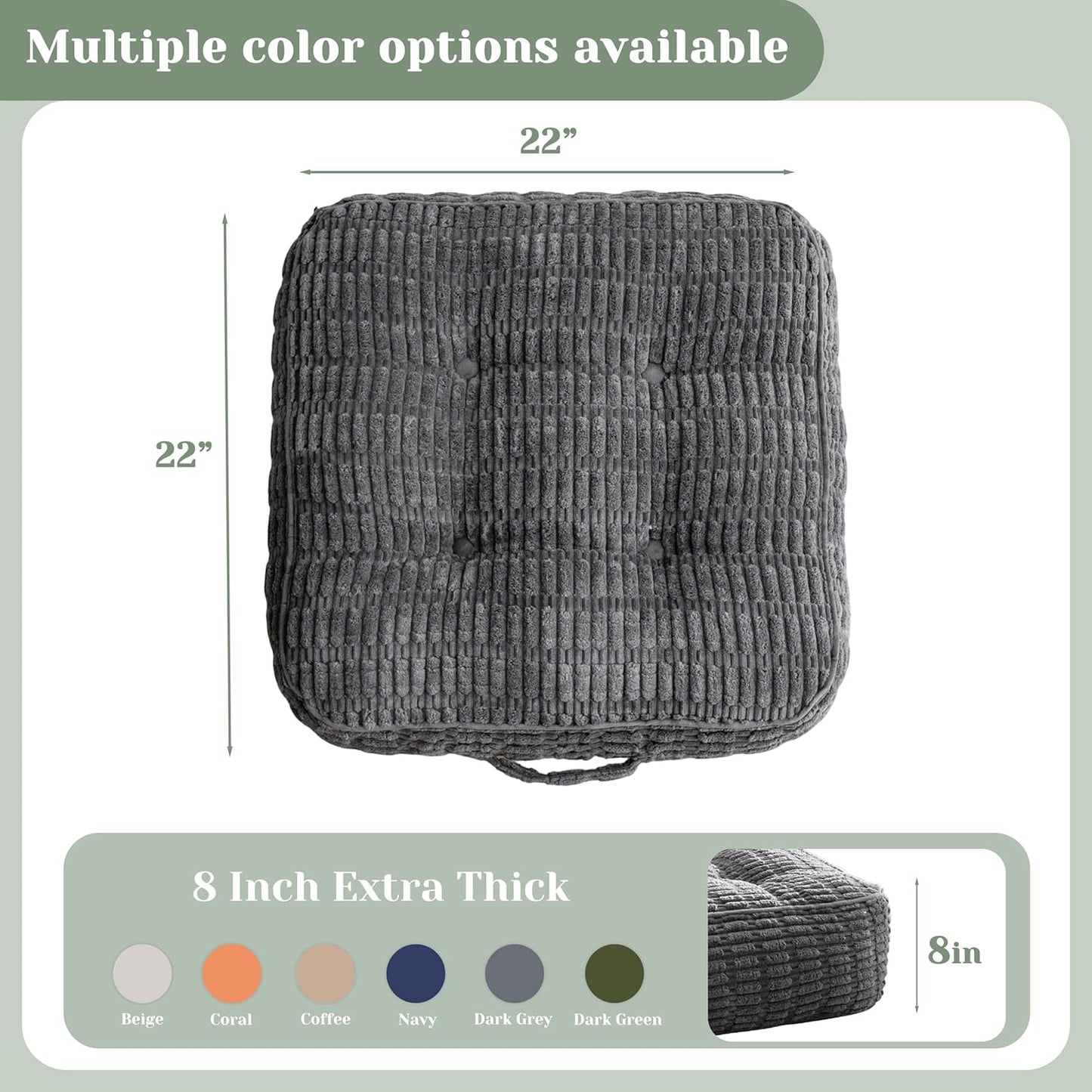 8" Washable Floor Pillow Cushion for Adults, Meditation Cushion Pillow, Removable Tufted Blended Corduroy Cover, Large Square Floor Sitting for Tatami Living Room or Yoga, 22x22 Inch, Machine Washable