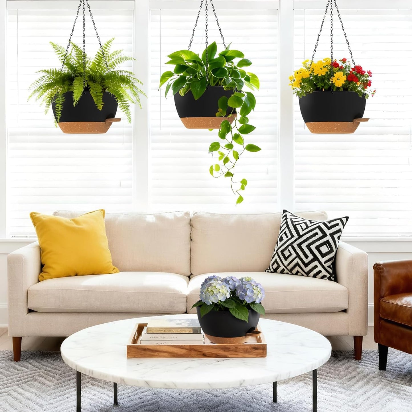 Set of 3-10 Inch Self Watering Hanging Planters for Indoor Outdoor，Hanging Plant Pots with Drainage & Removable Tray, Hanging Pots Holder for Ivy, Pothos, Ferns, Balcony & Patio, Black with Brown