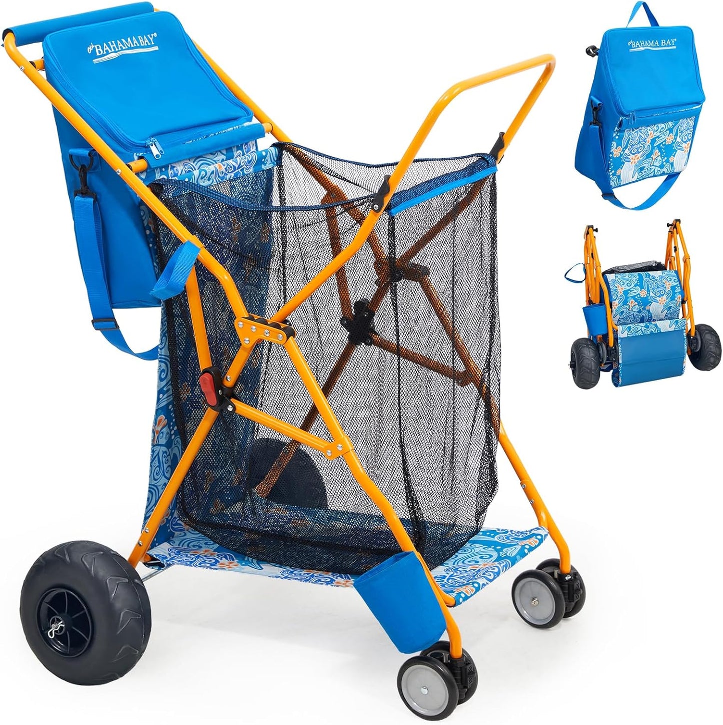 Old Bahama Bay Heavy Duty Beach Cart with 9” Balloon Wheels, All-Terrain Sand Wagon Replacement, Inflatable Big Wheels for Soft Sand, Foldable Beach Gear Carrier with Cooler & Umbrella Holder, 100lbs