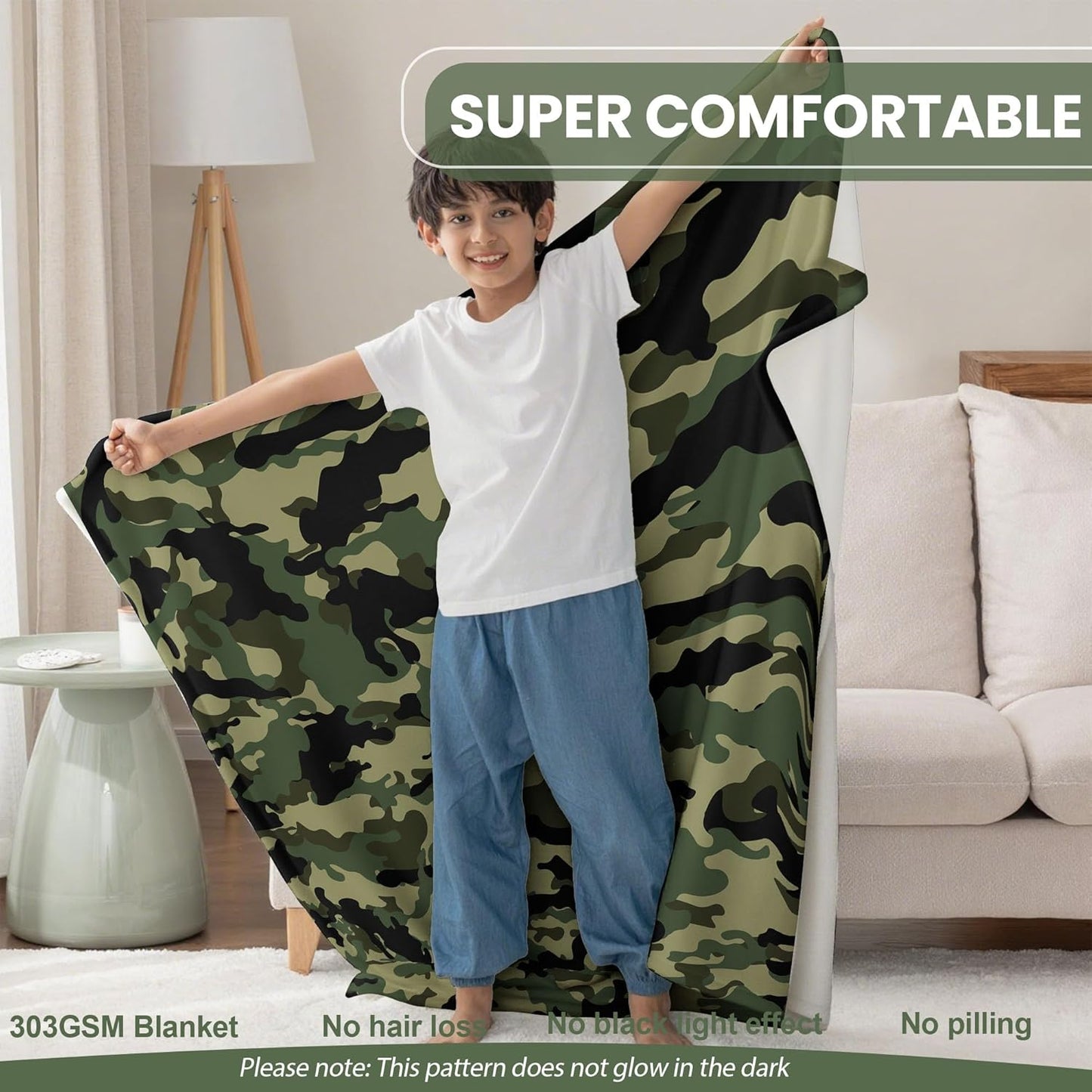 Green Camo Throw Blanket Military Style Flannel Blankets for Couch Bed Living Room Sofa, Decorative Patterned Super Soft Cozy, 50x60 in