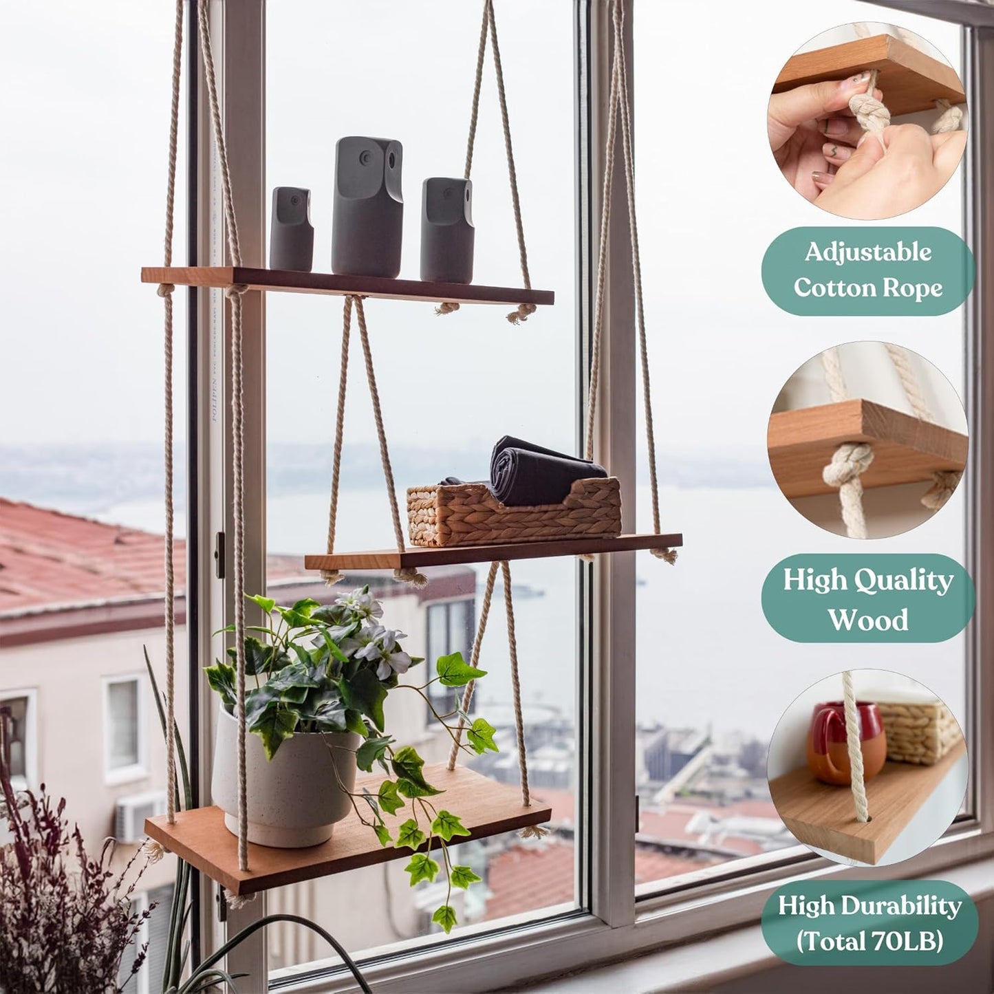 Boho Wall Shelves for Plants and Decor - Rope Hanging Shelves for Wall Decor in Living Room, Bedroom, Bathroom | Design Patented | by NWOOD