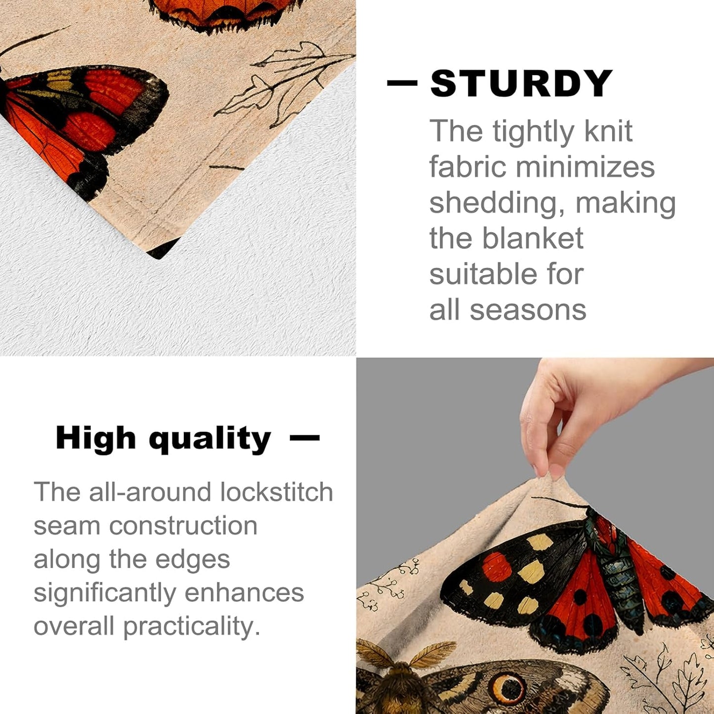 Moth Blanket for Insect Lovers and Vintage Art Fans, Retro Botanical Flannel Blankets, Gothic Nature Gifts, Soft Warm Cozy Throws for Sofa Couch Bed Living Room Bedroom Home Decor 60" x 50"