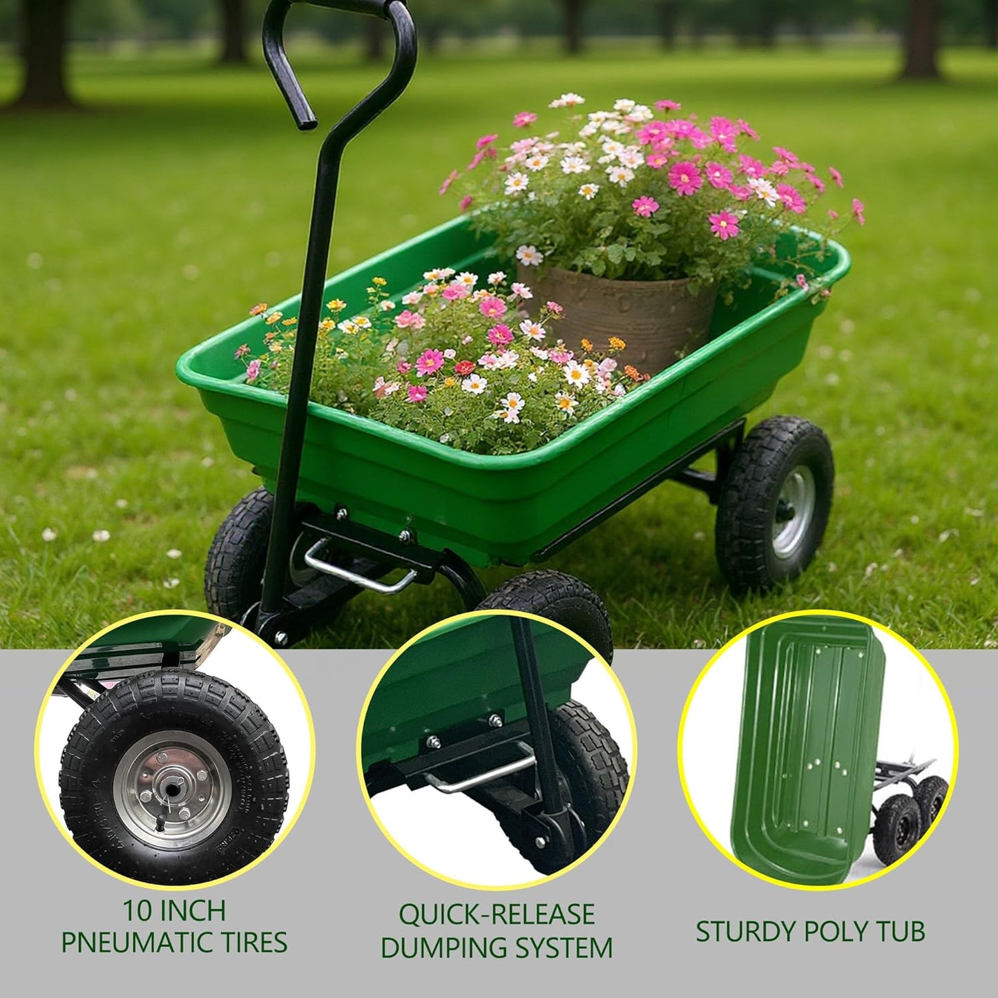 Garden Wheelbarrow Cart, Heavy-Duty Utility with Four Wheels, Built-in Stand, Ideal for Home, Yard, and Garden - Green