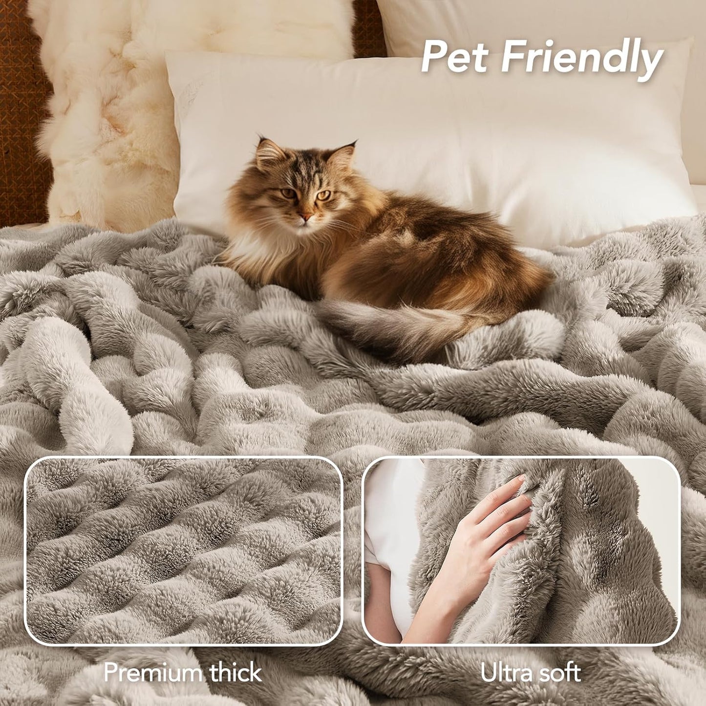 L'AGRATY Faux Rabbit Fur Blanket: 50" x 60" Luxury Soft Fluffy Thick Fur Throw Blanket for Couch Bed Sofa - Cozy Plush Bubble Blankets for Winter: Warm Flannel Fleece Decorative Blanket(Castle Grey)