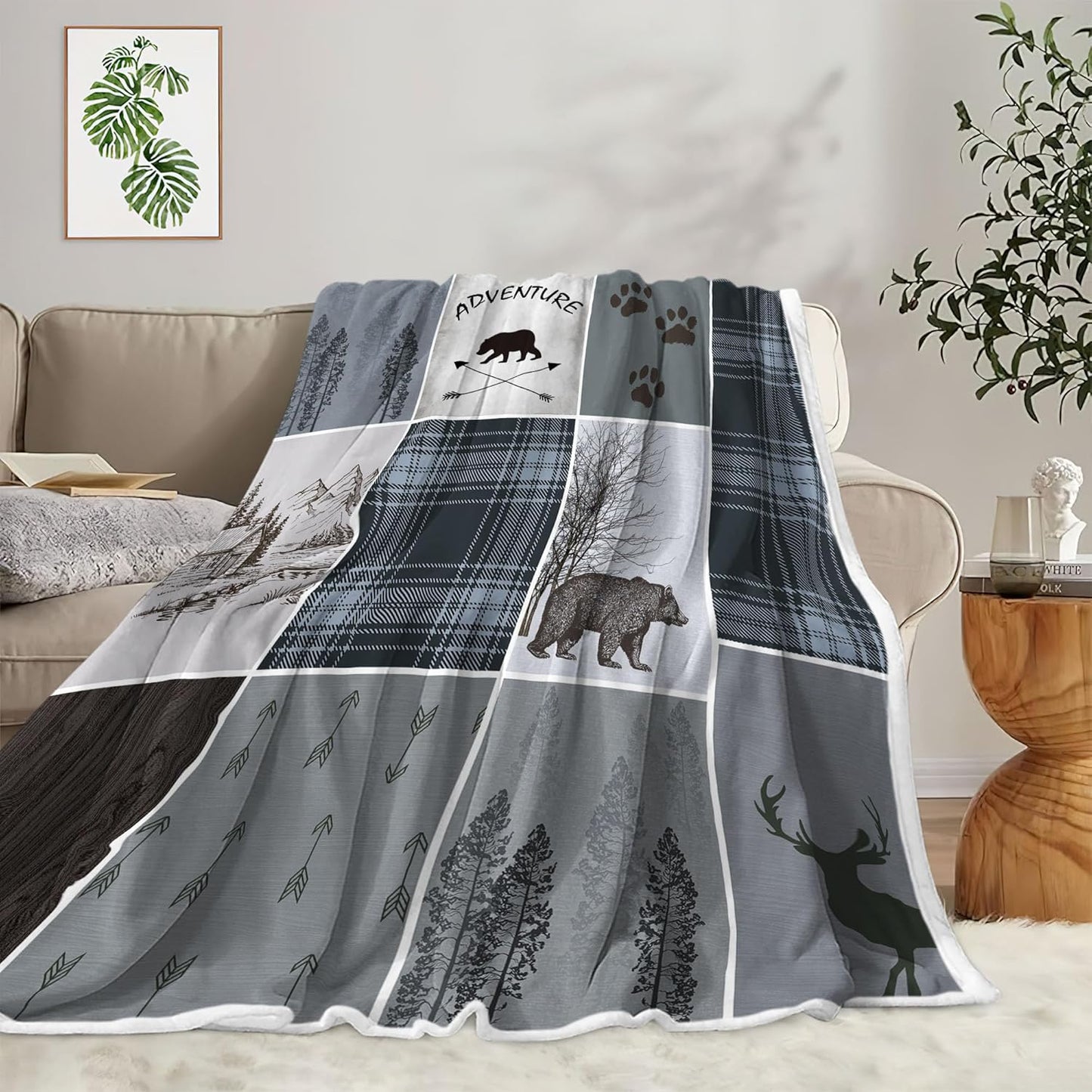 Rustic Cabin Bear Deer Weighted Thick Throw Blanket for Couch, Dusty Blue Hunting Camper Woodland Farmhouse Lodge Plaid Check Soft Cozy Chunky Fleece Flannel Blanket for Bed Office (50X60 Inches)