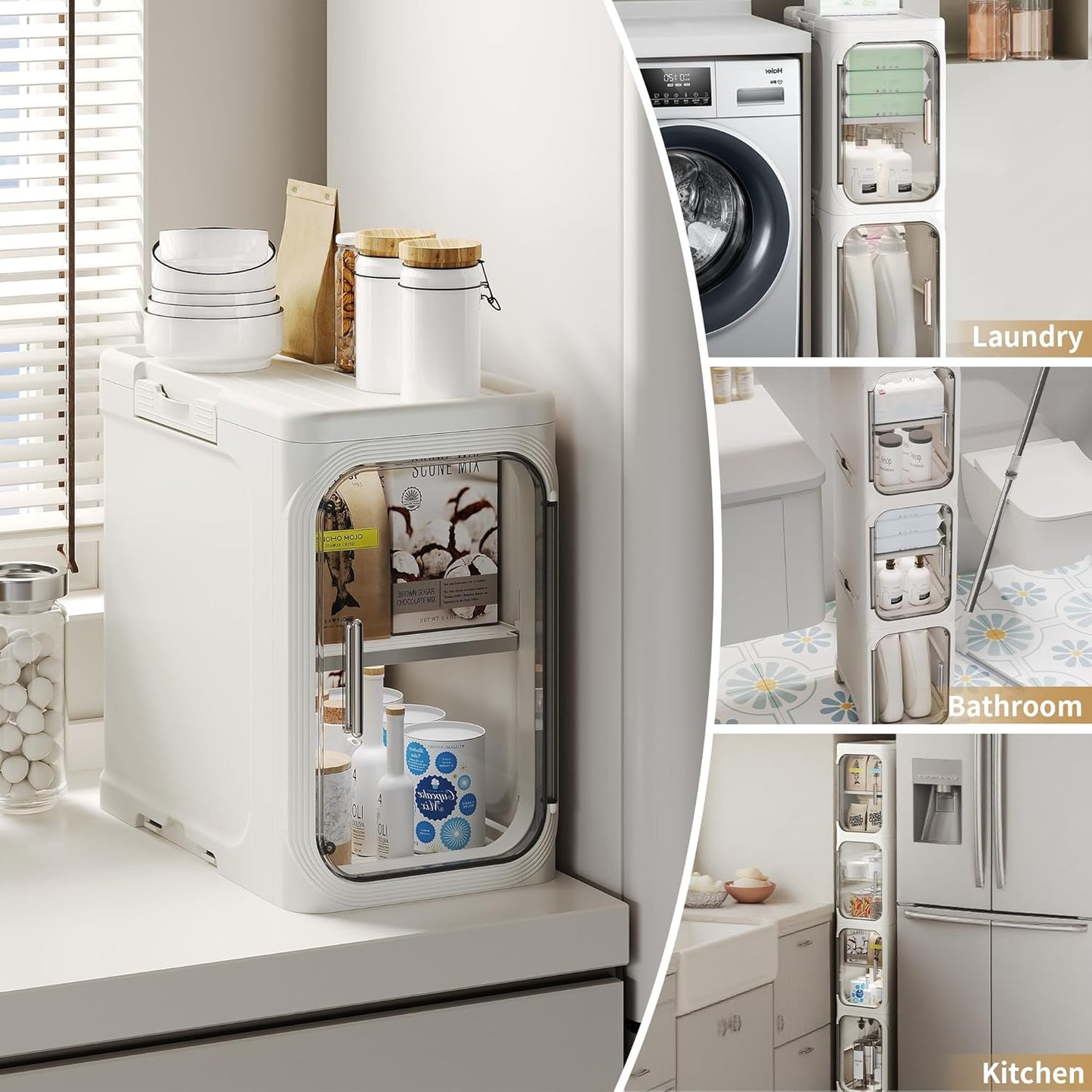 4-Tier Tall Narrow Storage Cabinet, Slim Bathroom Storage Cabinet with Adjustable Shelves and Wheels, Narrow Organizer for Small Space, Bathroom, Kitchen, Laundry, White
