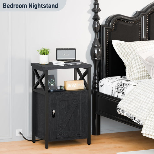 Wooden Nightstand with Charging Station, Bed Side Table with Drawers, Bedside Table with Lock, 3 USB & 2 Outlets, Night Stand with Cabinet Storage, End Table for Bedroom, Black
