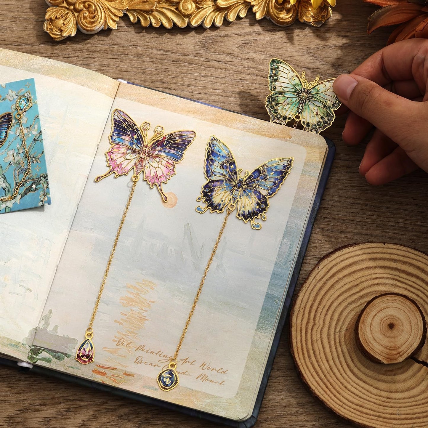 12 Pieces Metal Butterfly Bookmarks with Chain, Golden Hollow Bookmark Monet Oil Painting Theme Book Mark Bookmarks for Book Lovers Women Writers Readers Children Teens