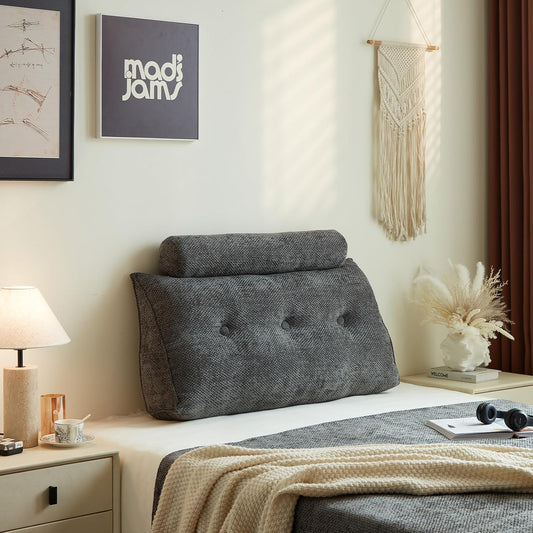 Headboard Pillow for Twin XL – Chenille Large Triangular Wedge Pillow for Headboard Gap, Daybed and Couch Backrest, Reading and Sitting Up in Bed with Removable Washable Cover, Dark Gray