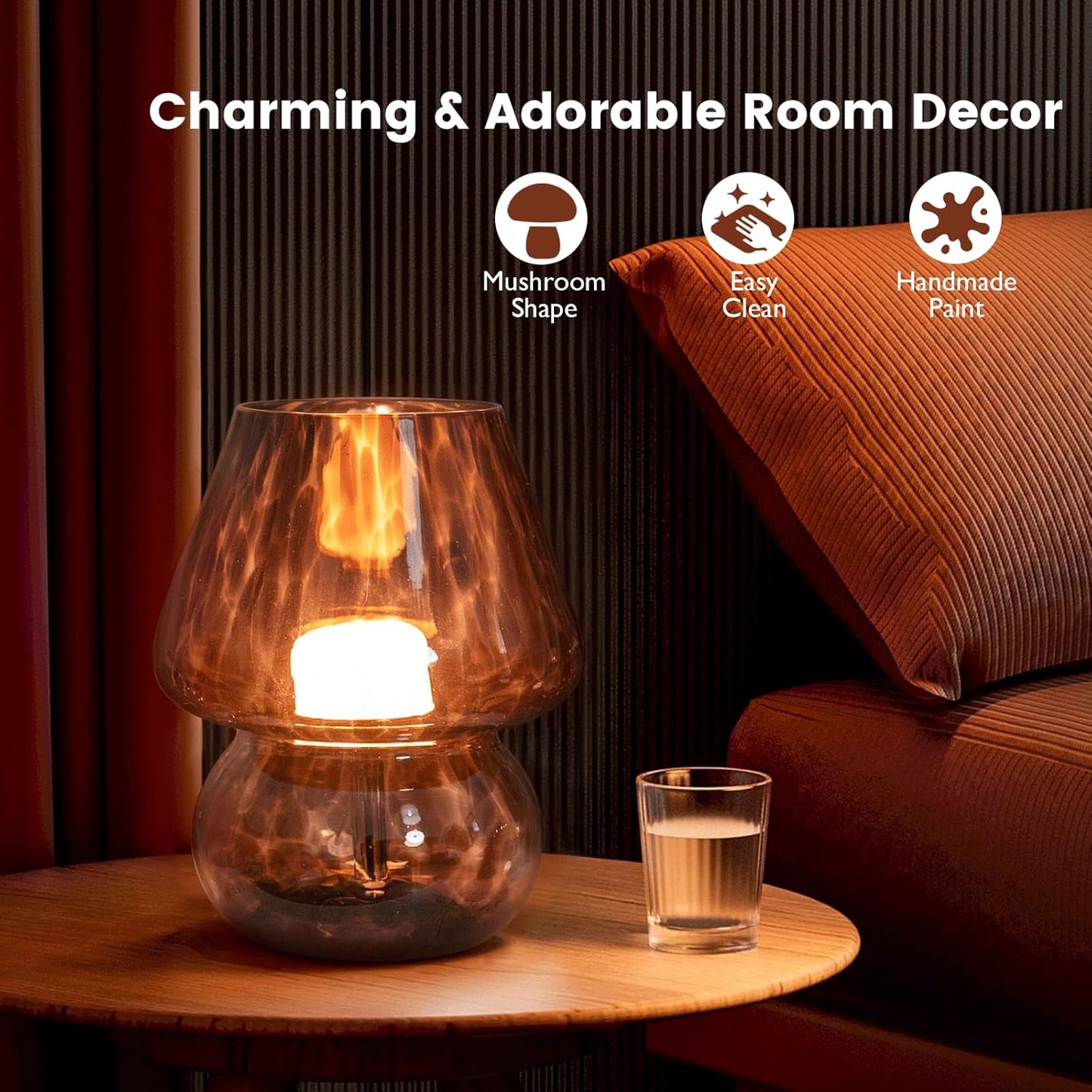 USB Plug-in Vintage Mushroom Lamp Small Bedside Table Lamp with 3 Temperature LED Bulb,Free Dimming Nights Light for Bedroom/Living Room/Entryway/Corner Decor New Home Gift (Golden Amber)