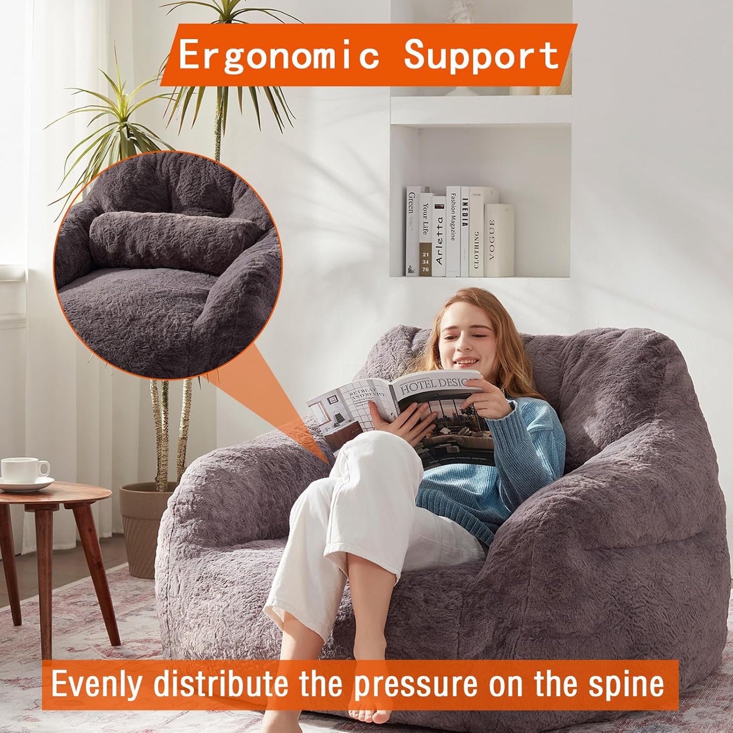 Bean Bag Chair for Adults with Pillow,Oversized Bean Bag Couch for Adults and Kids,Giant Lazy Couch Sofa Chairs with Filler,Large Reading Chair for Living Room Bedroom,Dark Gray