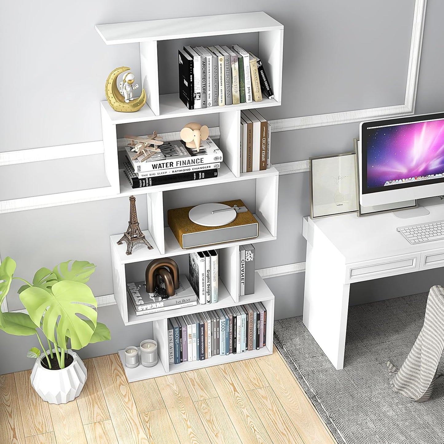 LOKO 5-Tier Bookshelf, S-Shaped Book Case with Anti-Toppling Device, Freestanding Home Organizer Room Divider Display Shelf, Open Storage Rack for Bedroom, Study (1, White)