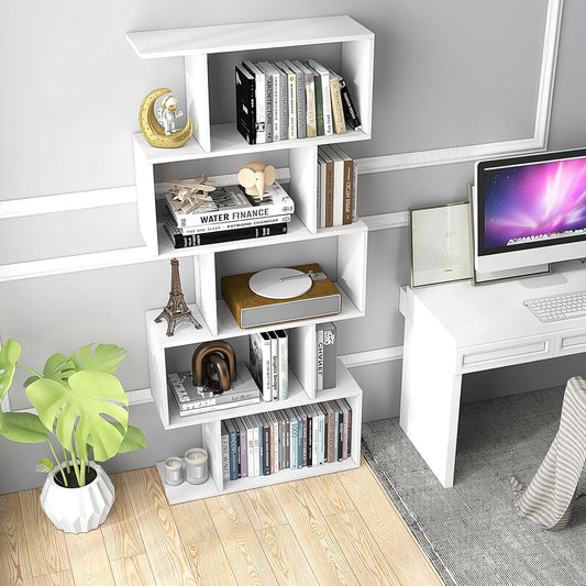 LOKO 5-Tier Bookshelf, S-Shaped Book Case with Anti-Toppling Device, Freestanding Home Organizer Room Divider Display Shelf, Open Storage Rack for Bedroom, Study (1, White)