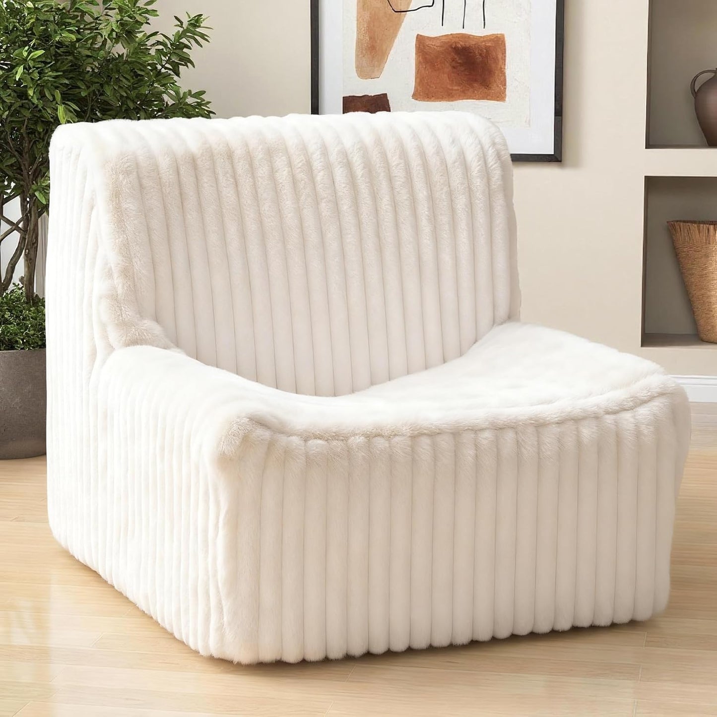 Trenda 32'' Comfy Bedroom Chair for Adult, Boneless Space-Saving Accent Chairs with with Spacious Seating, Soft Faux Fur Cover, Ideal Floor Couch for Living Room,College, Dorm to Reading (White)