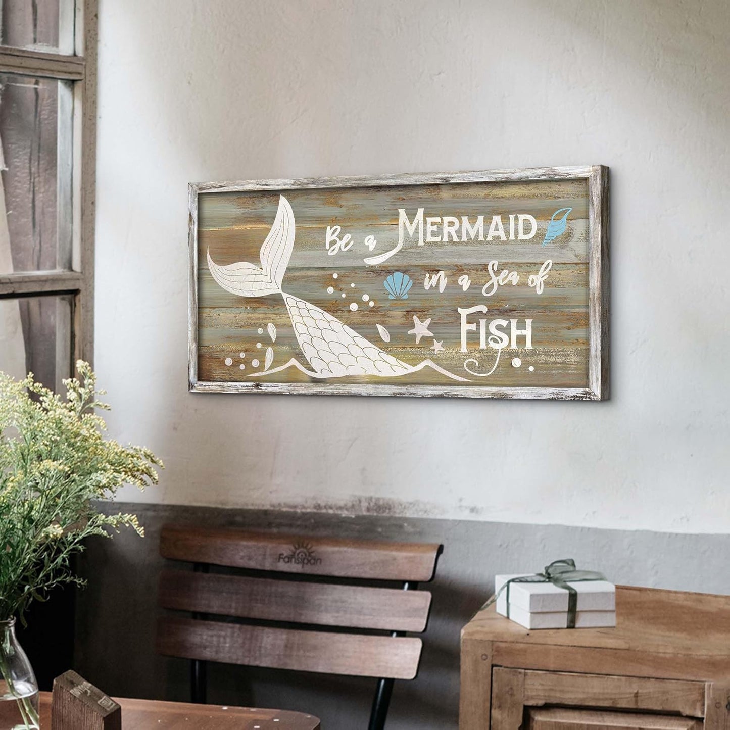 Mermaid Tail Wooden Wall Art: Rustic Framed Coastal Painting Wood Decor Vintage Beach Artwork Seashell Starfish Picture Prints for Bathroom Bedroom