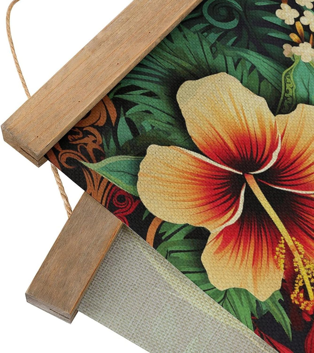 Vintage Hawaiian Style Print Pattern Poster with Wooden Frame Personalized Linen Hanging Scroll Painting Rustic Wall Hanging Illustrative Modern Artwork Decor for Home Living Room Bedroom Office