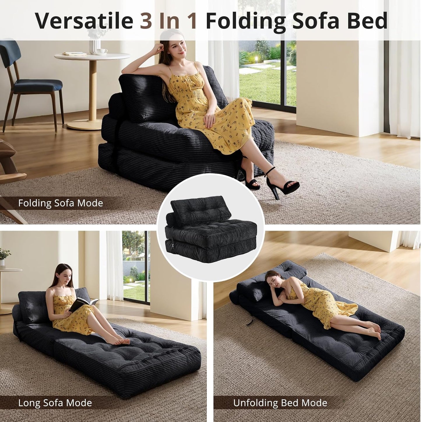 Folding Sofa Bed, Convertible Sleeper Chair with Pillow, Foldable Mattress with Back Support, Portable Floor Sofa Lounge for Living Room Bedroom Dorm