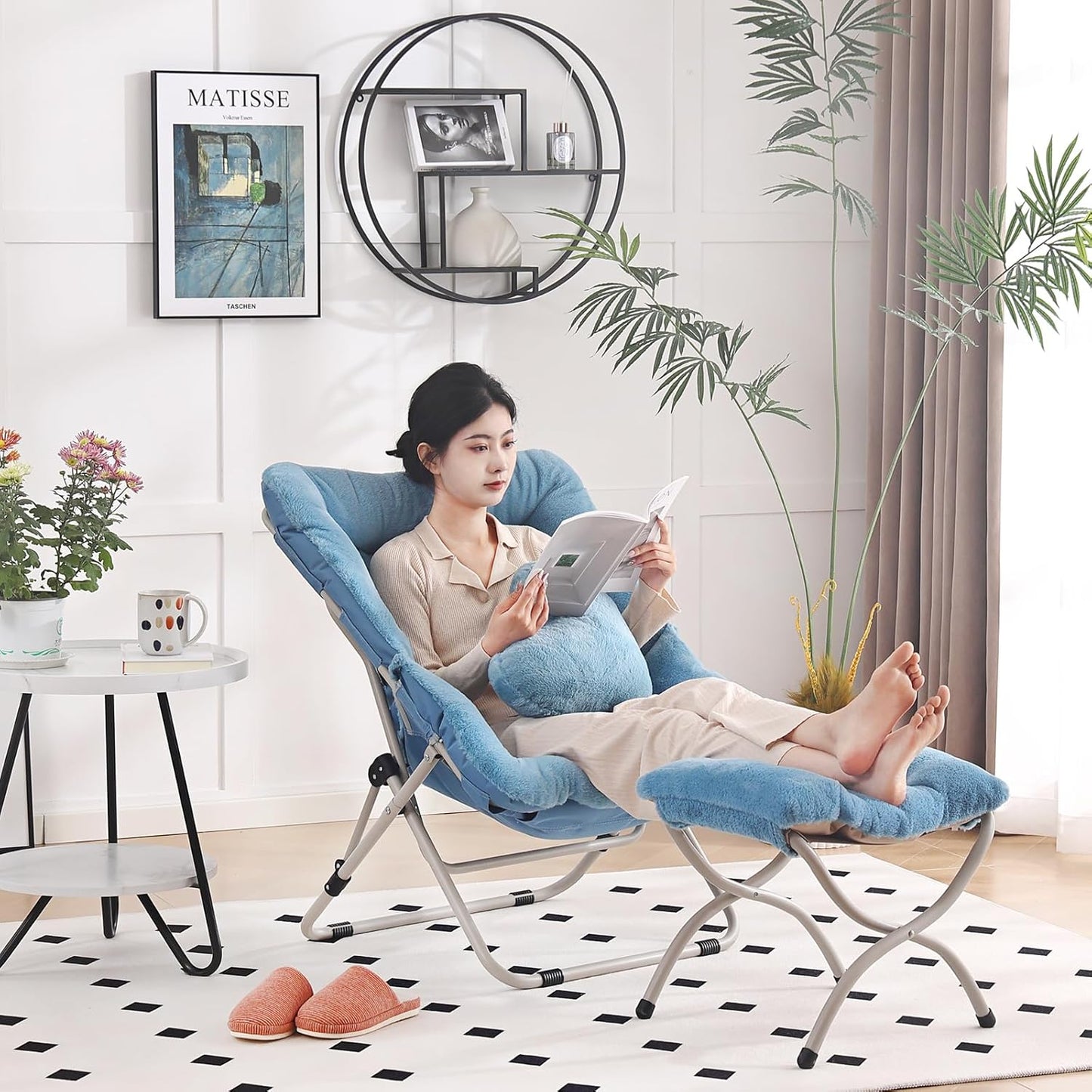 Saucer Chair with Ottoman, Comfy Oversized Folding Chair, Faux-Fur Reading Chair for Teens, Adults, Foldable Accent Lazy Chair, Metal Frame Chair for Living Room, Bedroom, Blue