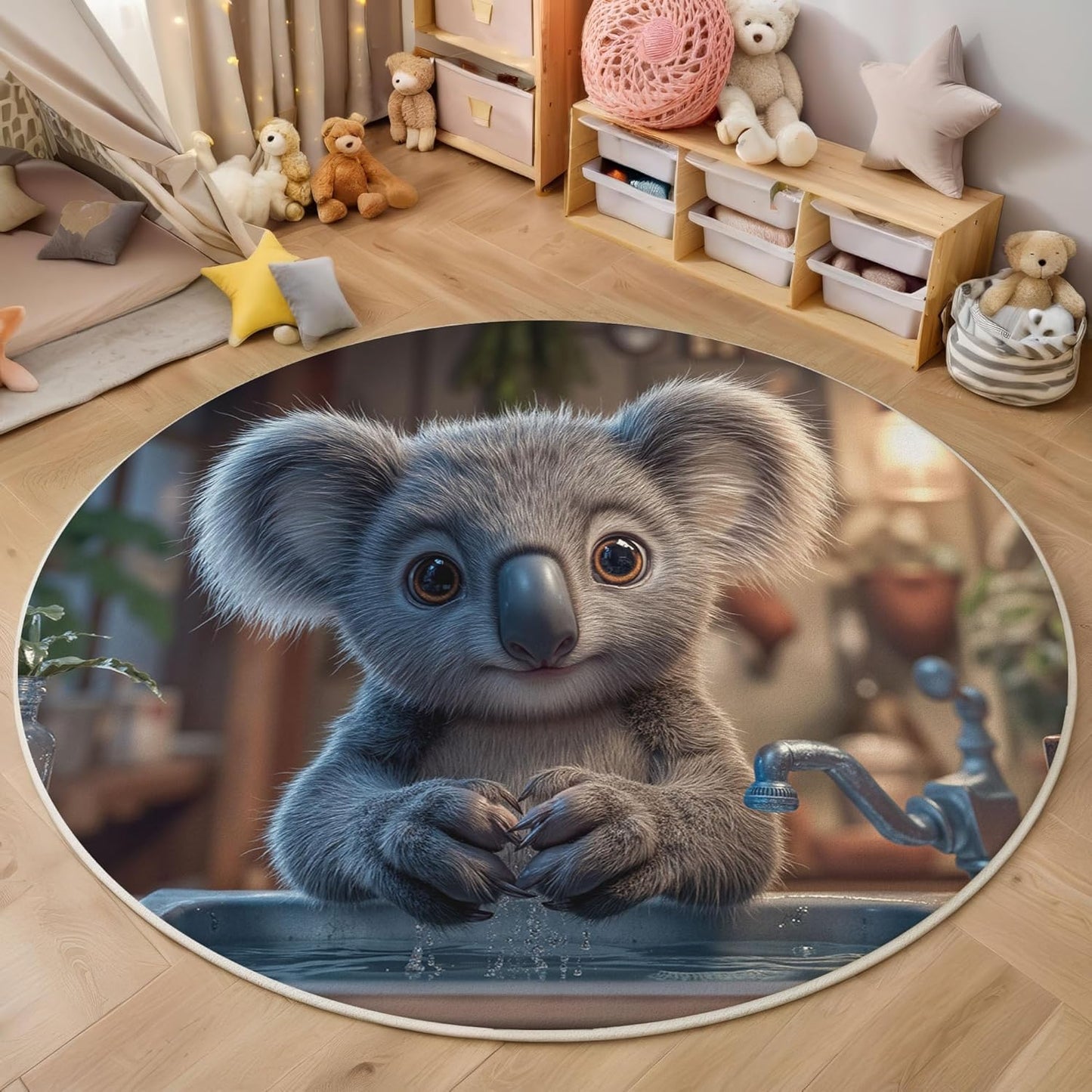 Round Rug for Kids Room, Fun Koala Pool Round Rugs 3Ft, Realistic Animal Style Circle Rug, Dark Gray Washable Circle Carpet for Living Room Bedroom, Non Slip Low Pile Thin Area Rugs