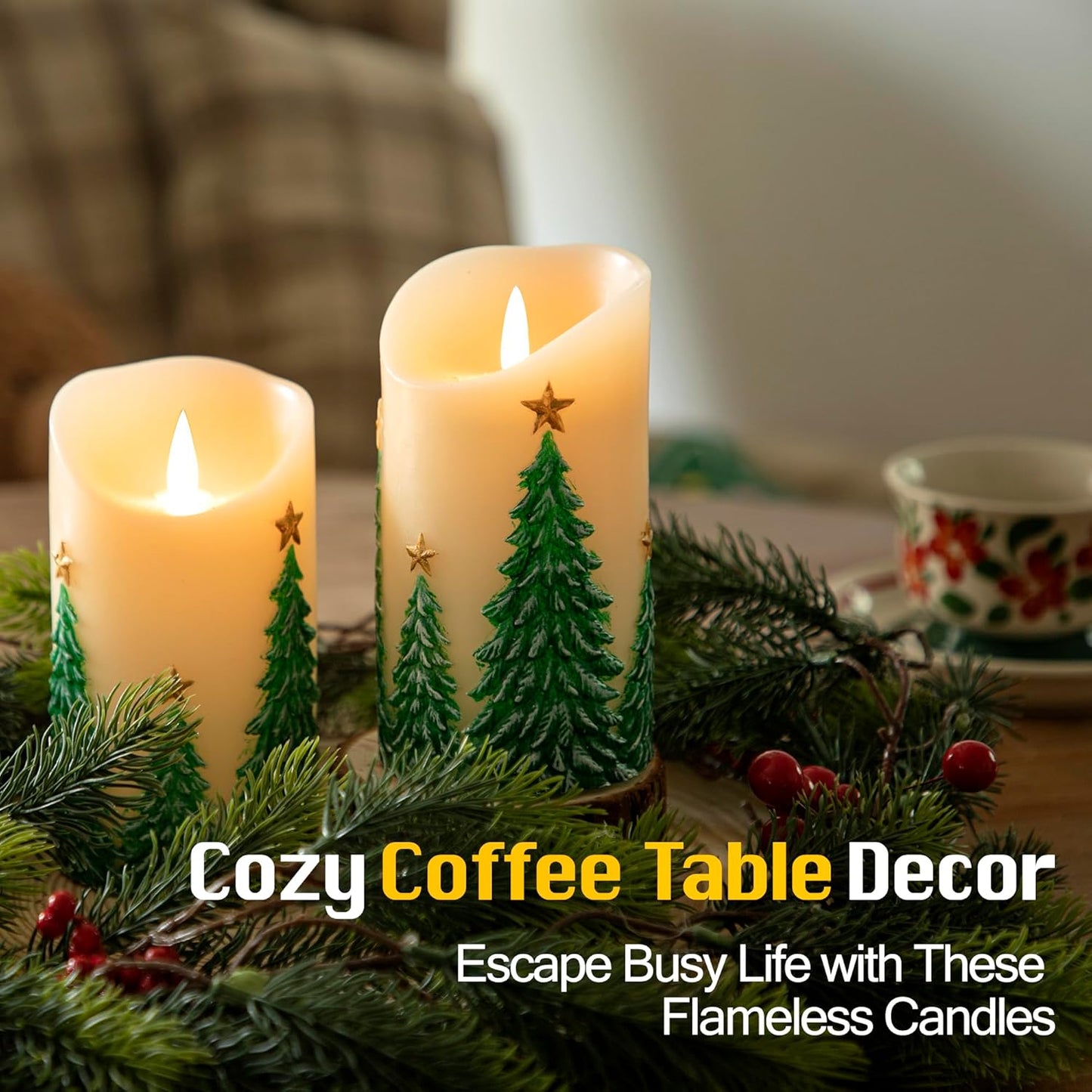 Christmas Embossed Tree Flameless Candles with Remote, Battery-Operated Real Wax LED Candle with Flickering Flame, Christmas Home Decor, Set of 2