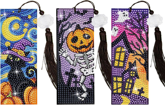 Anseal 3 Pcs 5D Diamond Art Bookmarks for Book Lovers, Cute Rhinestone PU Leather Diamond Crafts Bookmarks for Women Girls, Tassel Beaded Book Mark for Graduation Birthday Reading Present（Halloween）