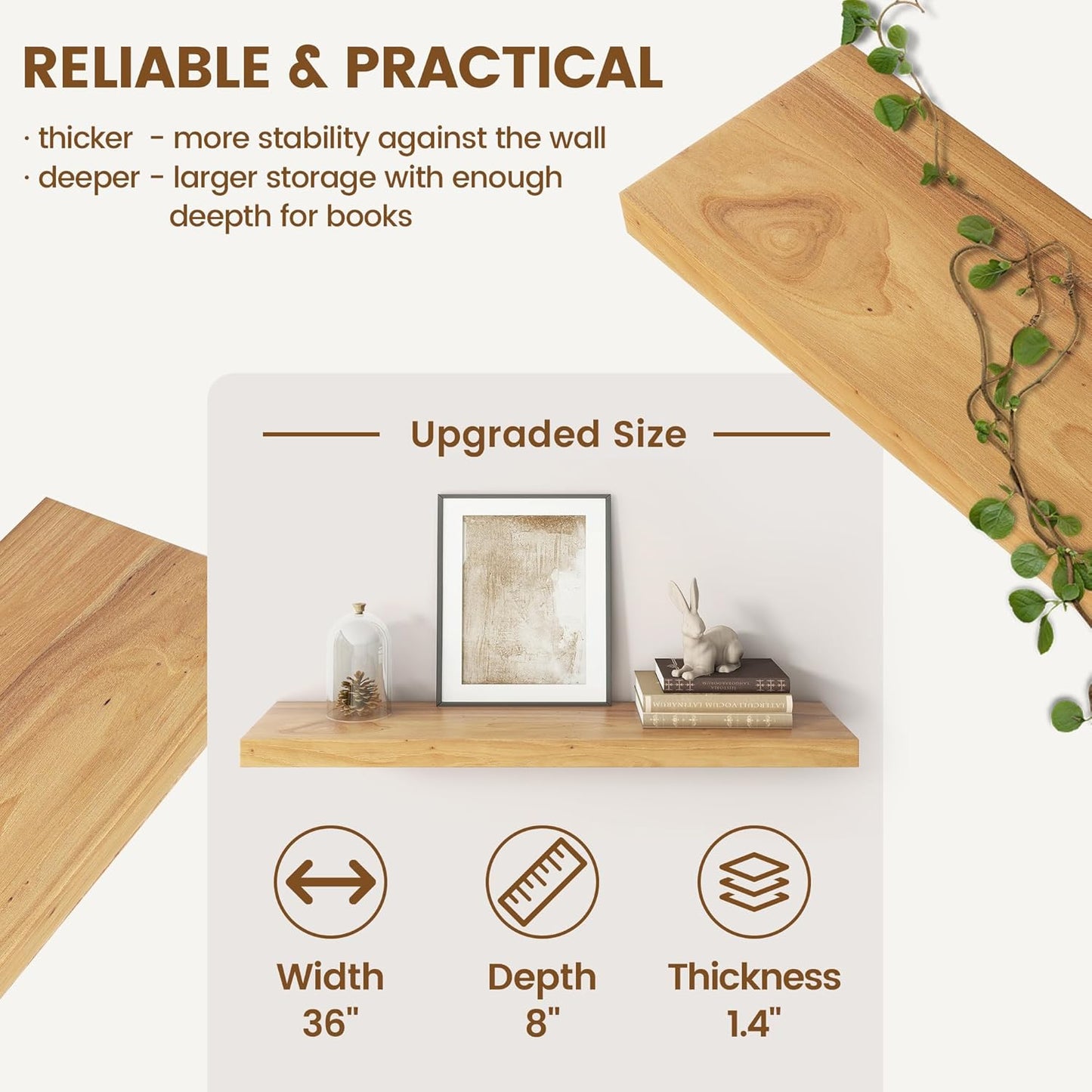 Elm Floating Shelves for Wall Decor, Rustic Solid Wood Shevles Wall Mounted with Invisible Bracket for Living Room Bathroom Bedroom Kitchen, 36 Inch Set of 2, Natural