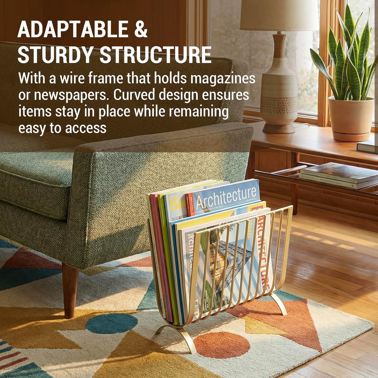MyGift Brass Metal Mid-Century Wire Magazine Rack – Deluxe Tabletop or Floor Standing Sling Basket for Magazines and Newspapers