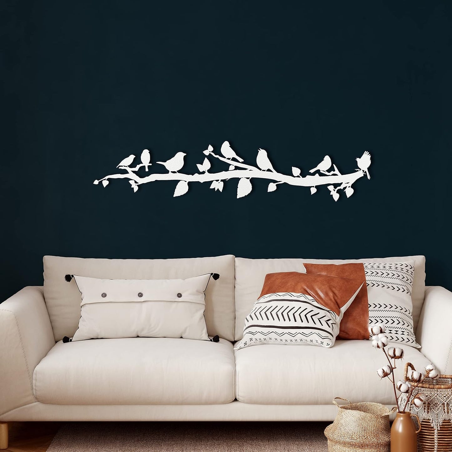 Metal Wall Decor, Birds On Branch , Home Living Room Decor, Wall Sign, Metal Wall Art, Interior Decoration, Indoor Outdoor Hangings, White (100x22cm)