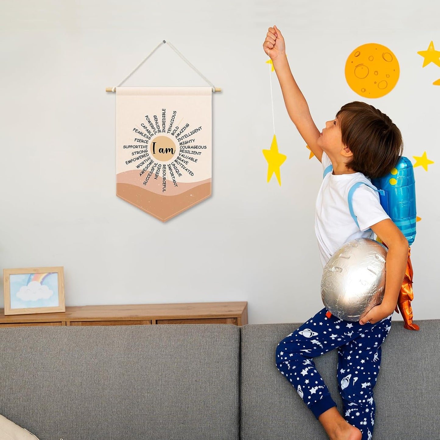 Boho Sun Inspirational Kids Room Decor, Nursery I Am Strong Amazing Banner Canvas, Positive Classroom Wall Hanging Frame Decor Art Pennant Flag for Playroom Toddler Room Preschool 11x15in