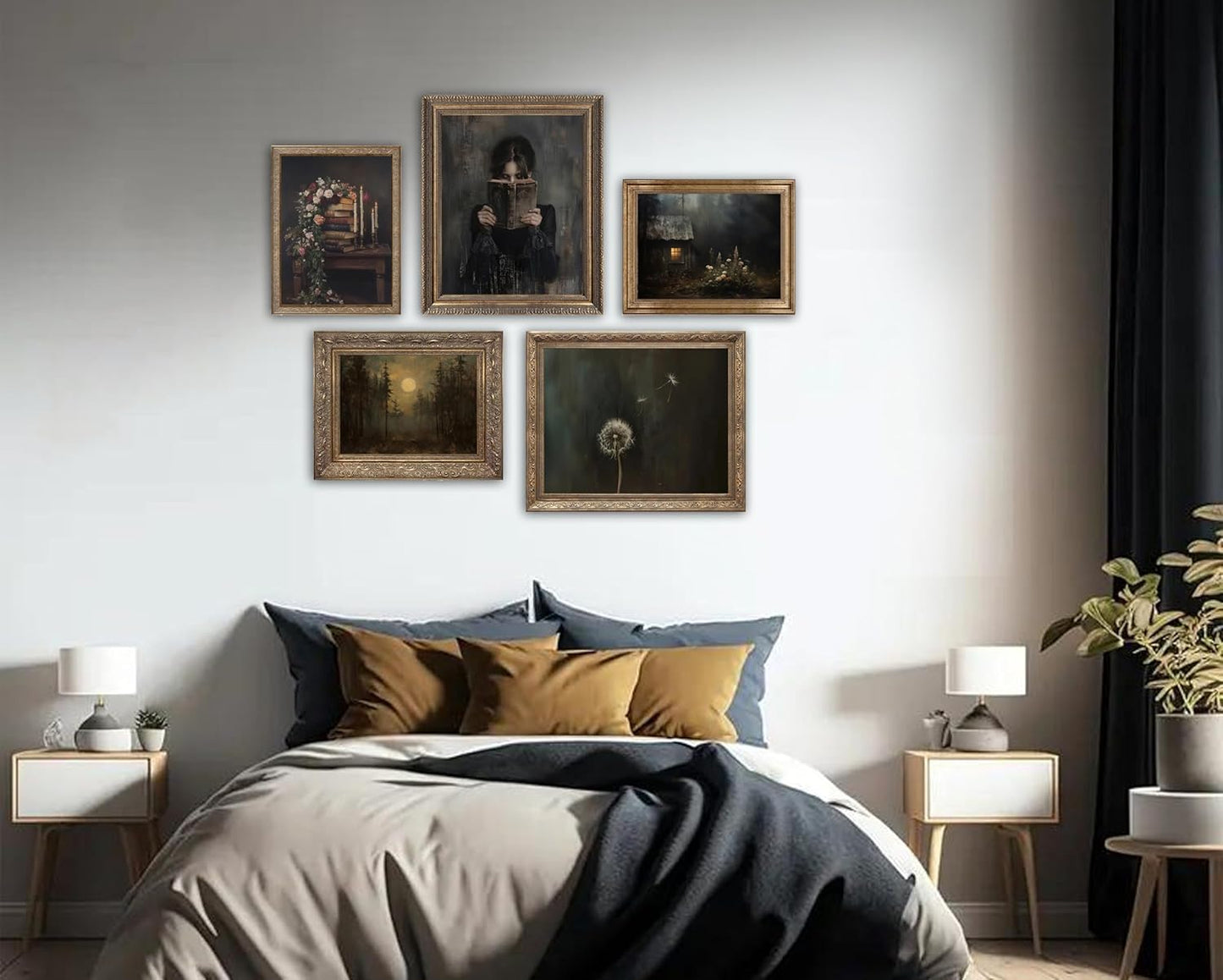 5pcs Dark Academia Canvas Wall Art Victorian Woman Reading Canva Posters Antique dandelion Oil Pictures Vintage Flower Book Prints Moody Books Still Life Painting Gothic Rustic Home Wall Decor (16L''x12W''poster)