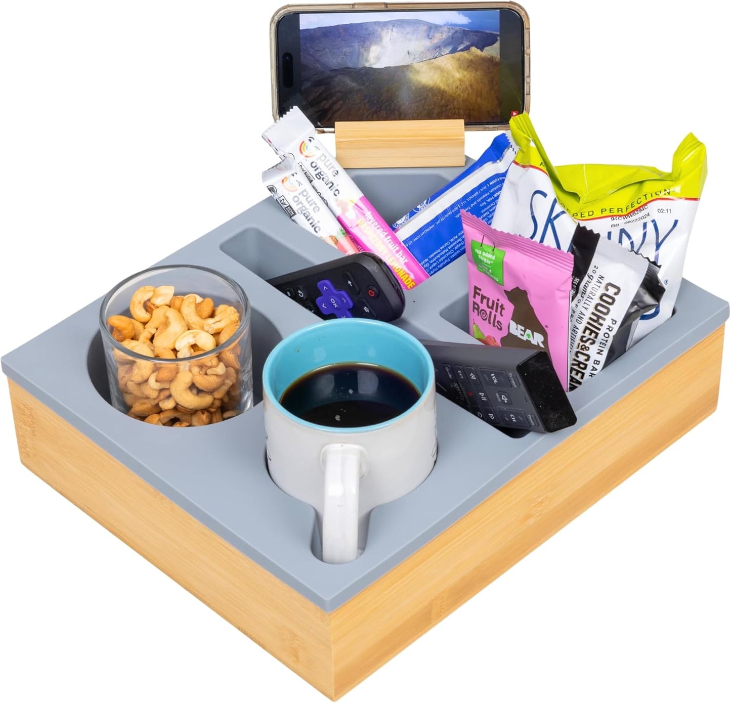 Couch Cup Holder Tray – Bamboo Sofa Armrest Organizer with Dual Cup Holders, Snack Compartments, Remote & Phone Holder, Spill-Resistant Silicone Insert, Non-Slip Base – Ideal for Couch, Bed, or Car