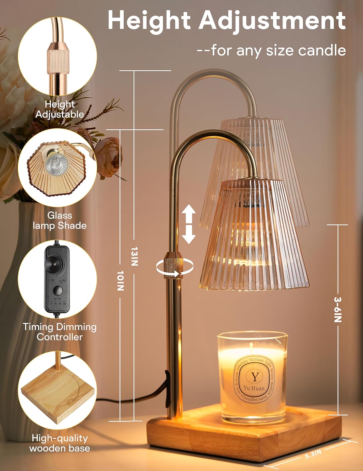 Candle Warmer Lamp with Timer, Dimmable Candle Warmer for Home Decor, Birthday Gifts for Women, Adjustable Height Wax Melt Warmer with 2 Bulbs