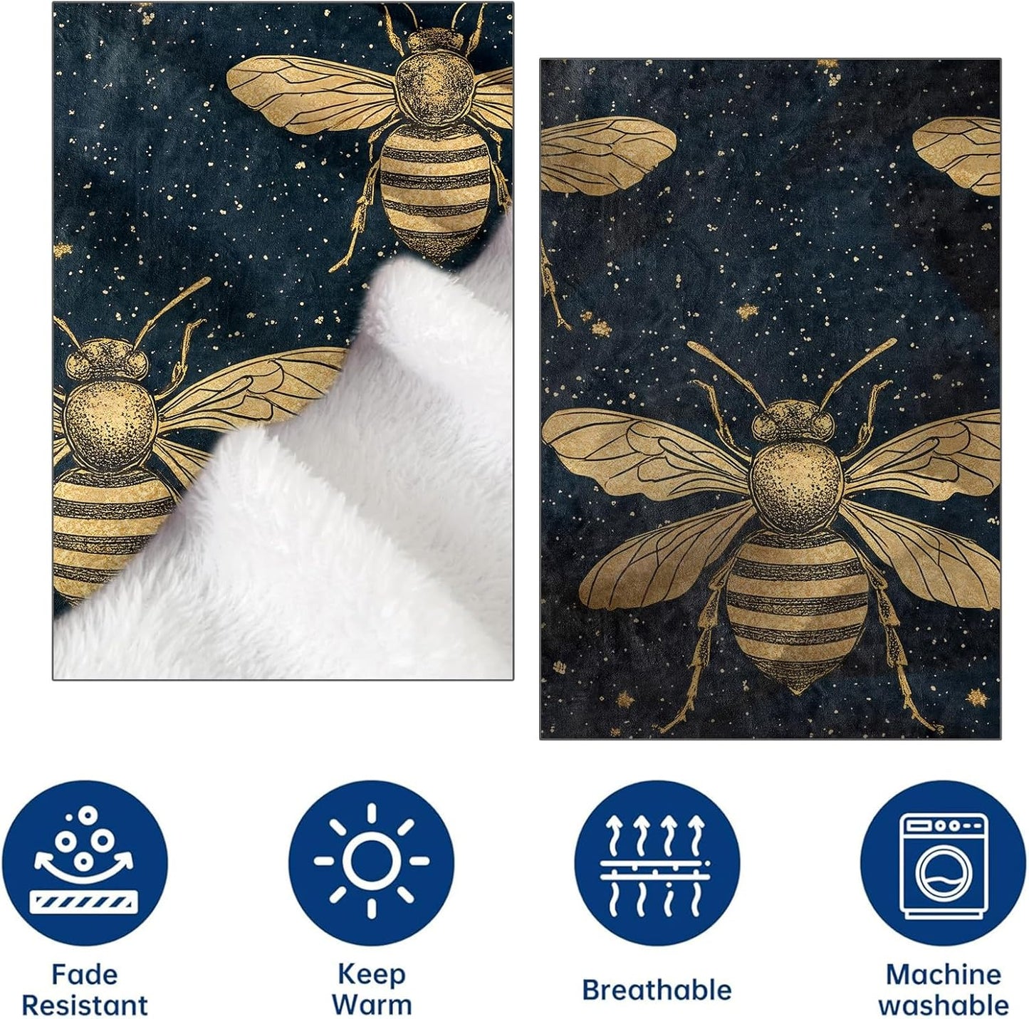 Bee Flannel Throw Blanket 50x60 Inch, Vintage Insect Bumblebee and Starry Sky Pattern on Navy Background Blankets Soft Cozy Fleece Throws for Nature Lover Bed Sofa Dorm Decor Gifts