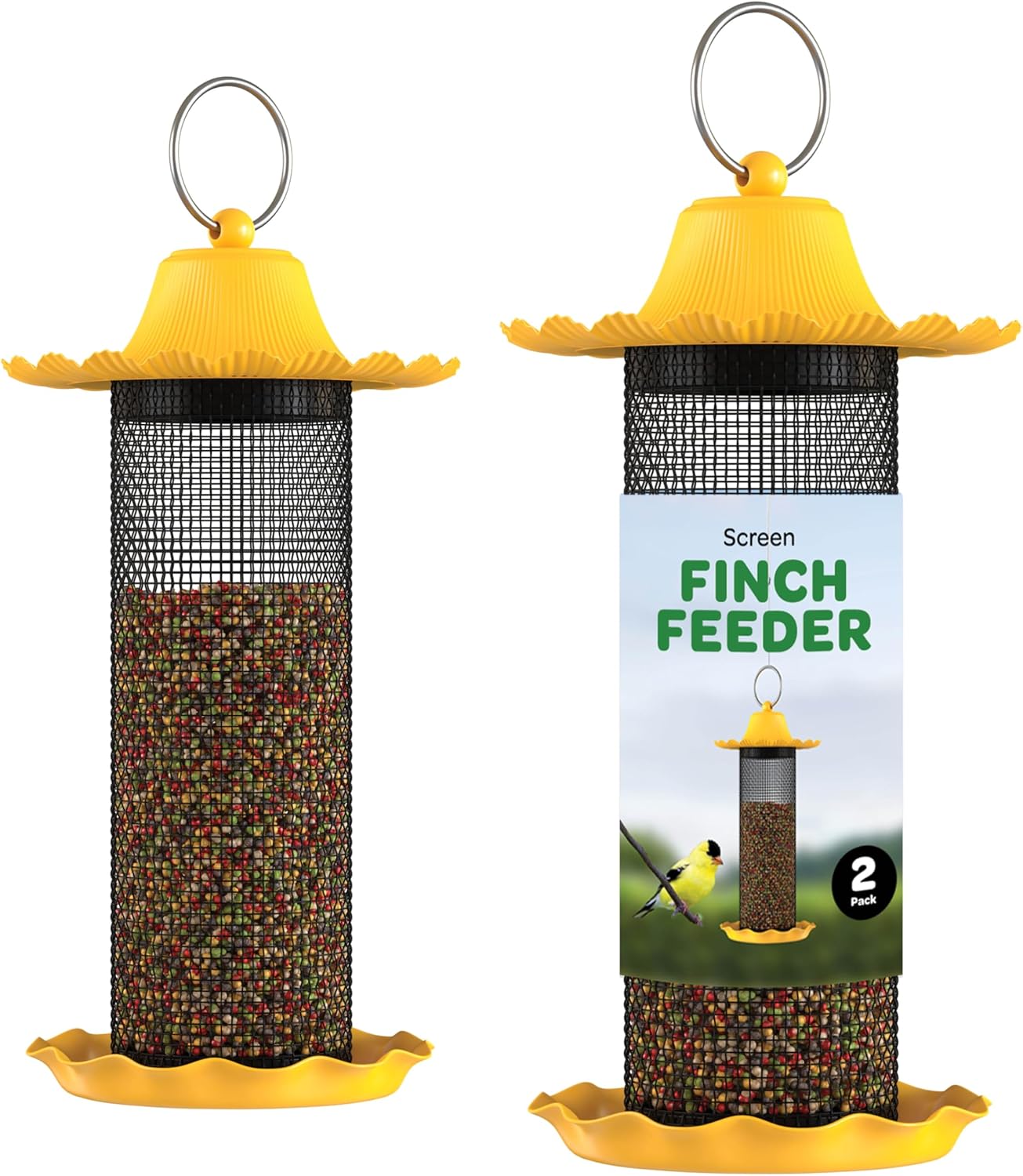 Finch Bird Feeders for Outside [Set of 2] 0.5 LB Capacity Yellow Wild Bird Feeders, Seeds Attracts Small Birds to Backyard & Garden. Tube Bird Feeders for Outdoors.