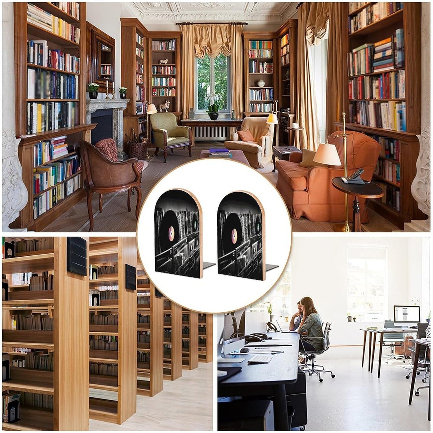 Vinyl Records Bookend for Shelves Wooden Book End Large Size Sturdy Book Holders Stoppers with Metal Base for Bookshelves Slick Decorative Bookends Stands