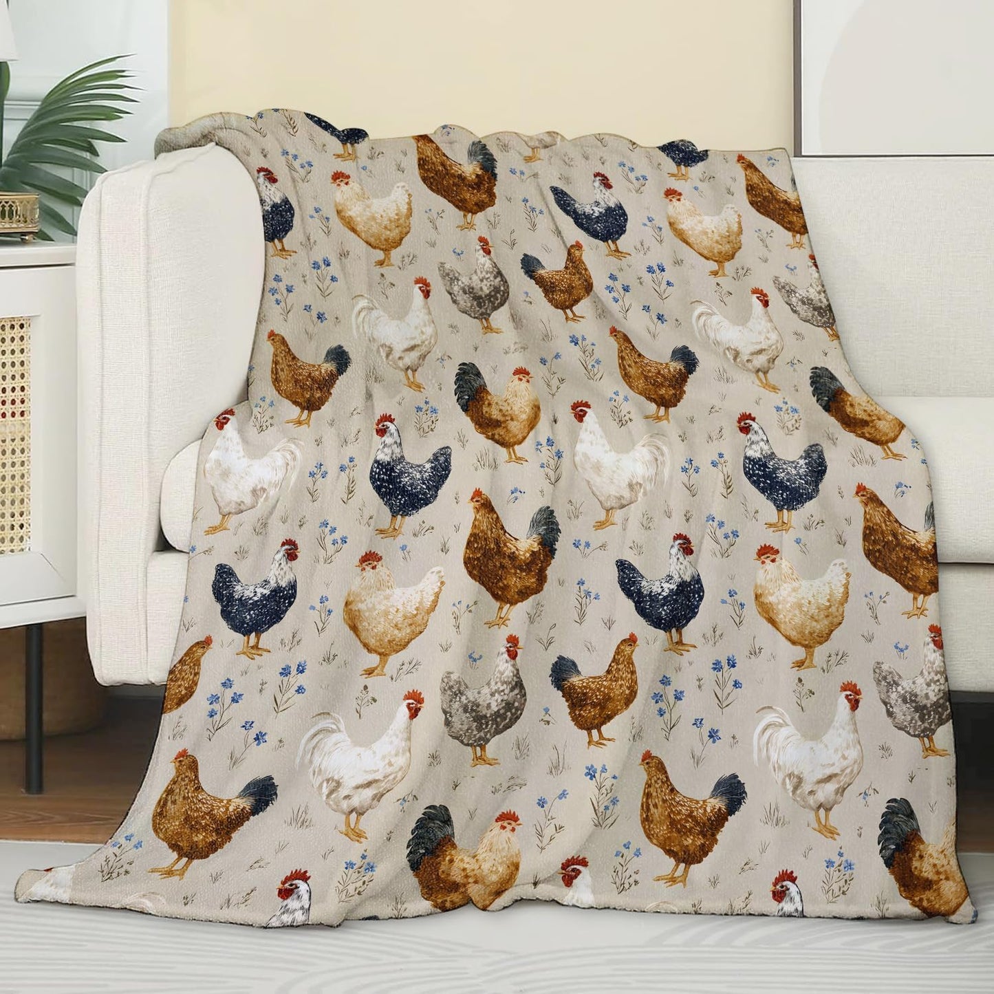 Chicken Fleece Blanket, Soft Throw with Farmhouse Rooster and Floral, Lightweight Cozy Blankets for All Seasons, Vintage Rustic Home Decor and Gifts for Adults and Animal Lovers, 50x60 Inch