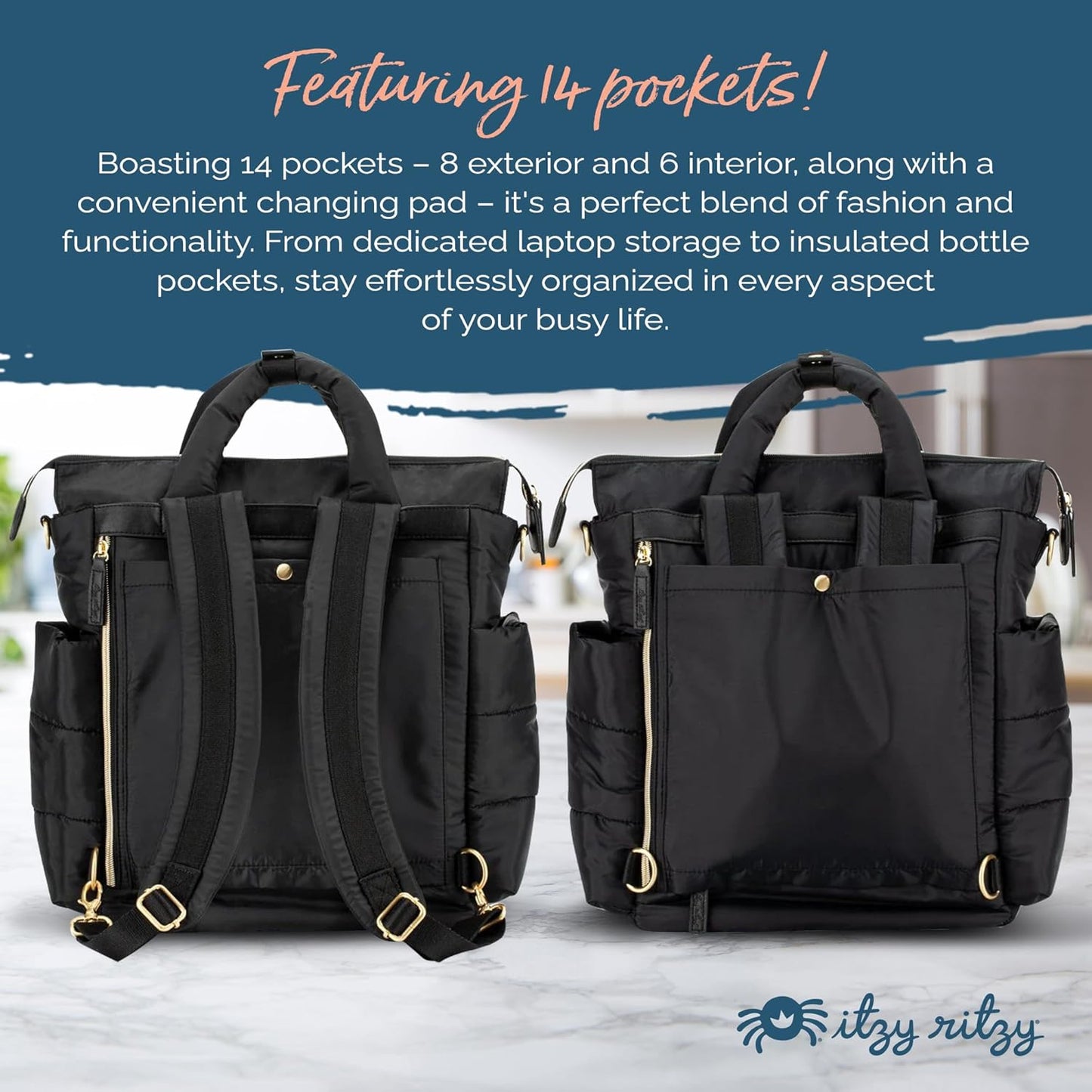 Itzy Ritzy Dream Convertible Diaper Bag Tote Backpack - Baby Diaper Bag with 14 Pockets, Changing Pad & More (Midnight Black)