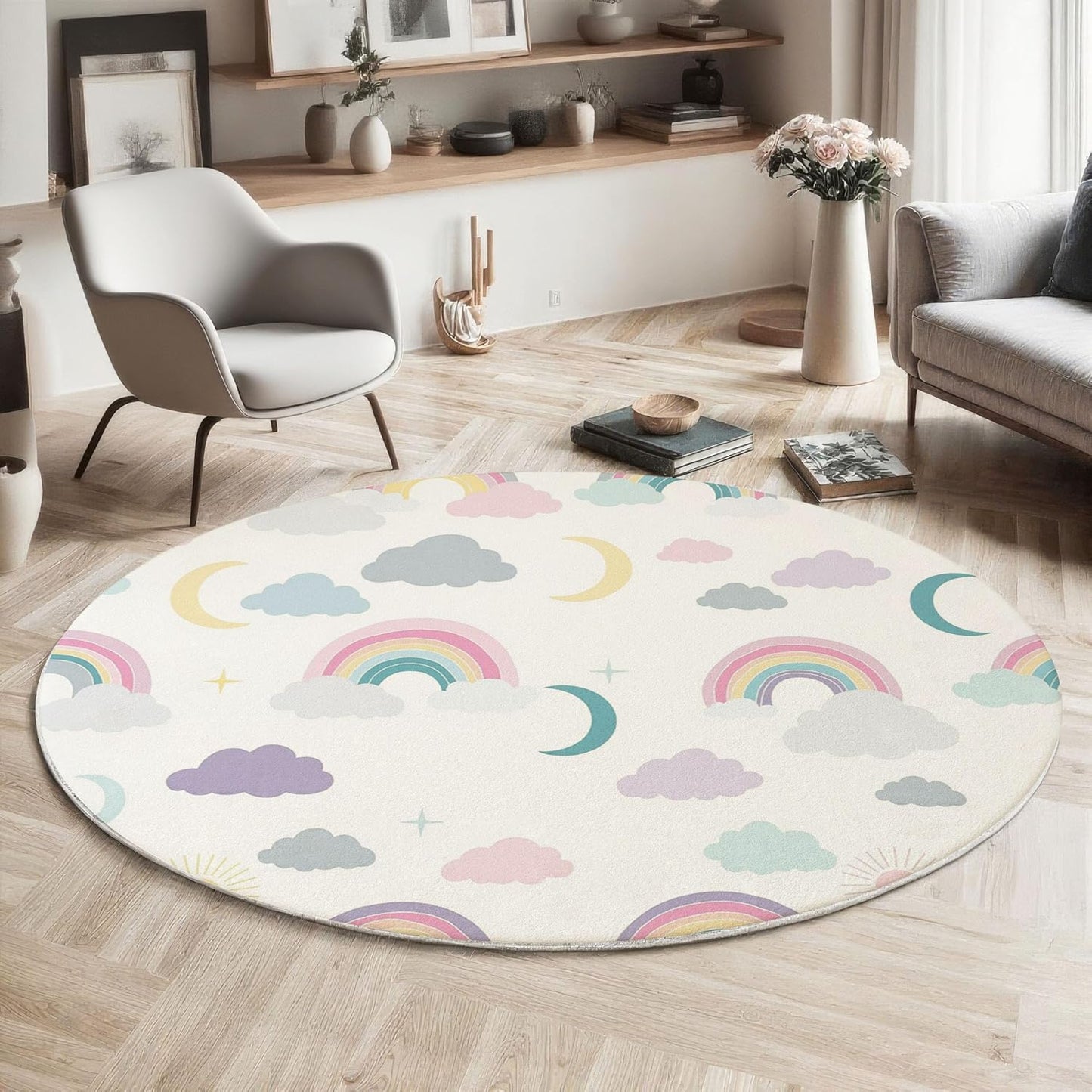 3Ft Round Washable Rug - Large Area Rug for Living Room Dining Room, Creamy Color Soft Bedroom Carpet with Cute Rainbow Clouds Pattern, Cartoon Starry Sky Décor, Low Pile Stain Resistant