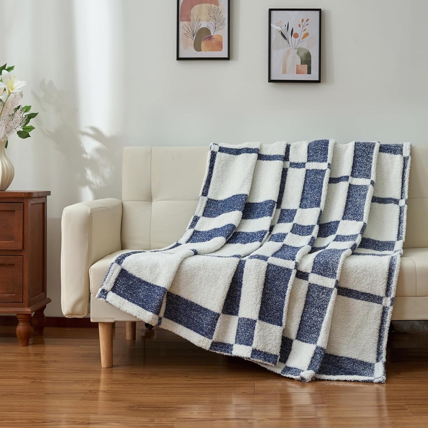 Winter Plaid Throw Blanket Fluffy Fuzzy Soft Lightweight Cozy Farmhouse Tassels Checkered Knitted Throws for Couch Sofa Bed (Navy Blue, 60"x80")