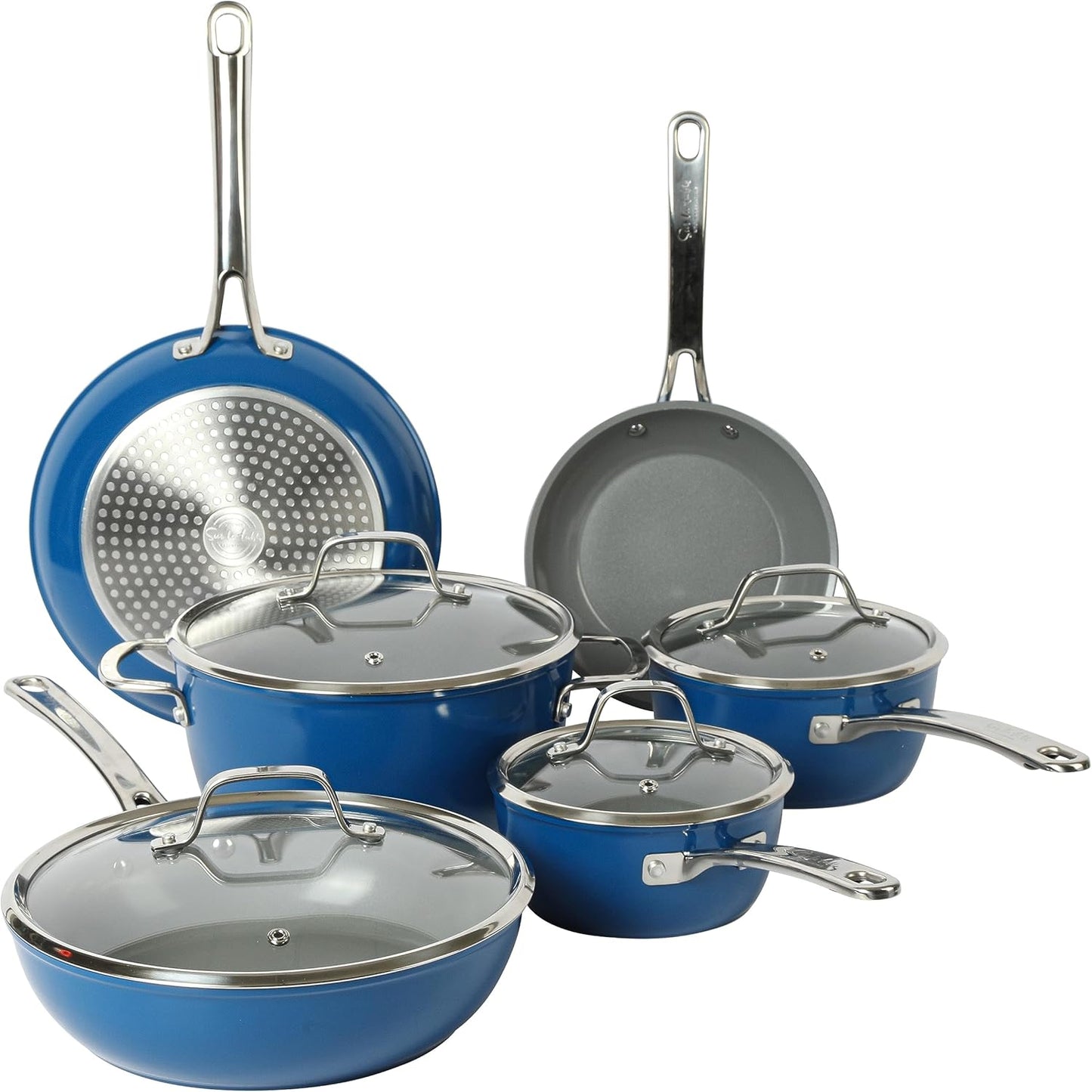 Sur La Table Kitchen Essentials 10 Piece PFA Free Titanium Ceramic Nonstick Interior Forged Aluminum Cookware Pots and Pans Set - Blue - Induction Compatible
