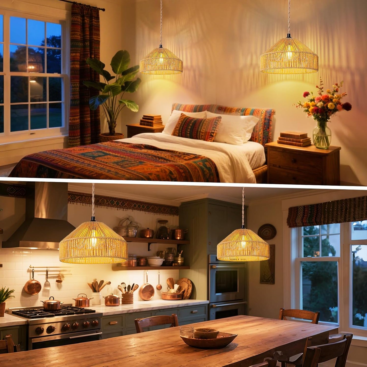 Hanging Lamps Rattan Pendant Light Hanging Lights 16.4ft Plug in Cord Pendant Light Fixture Plug Into Wall Outlet Pendant Lighting with On Off Switch for Bedroom Living (Mongolian Yurt)