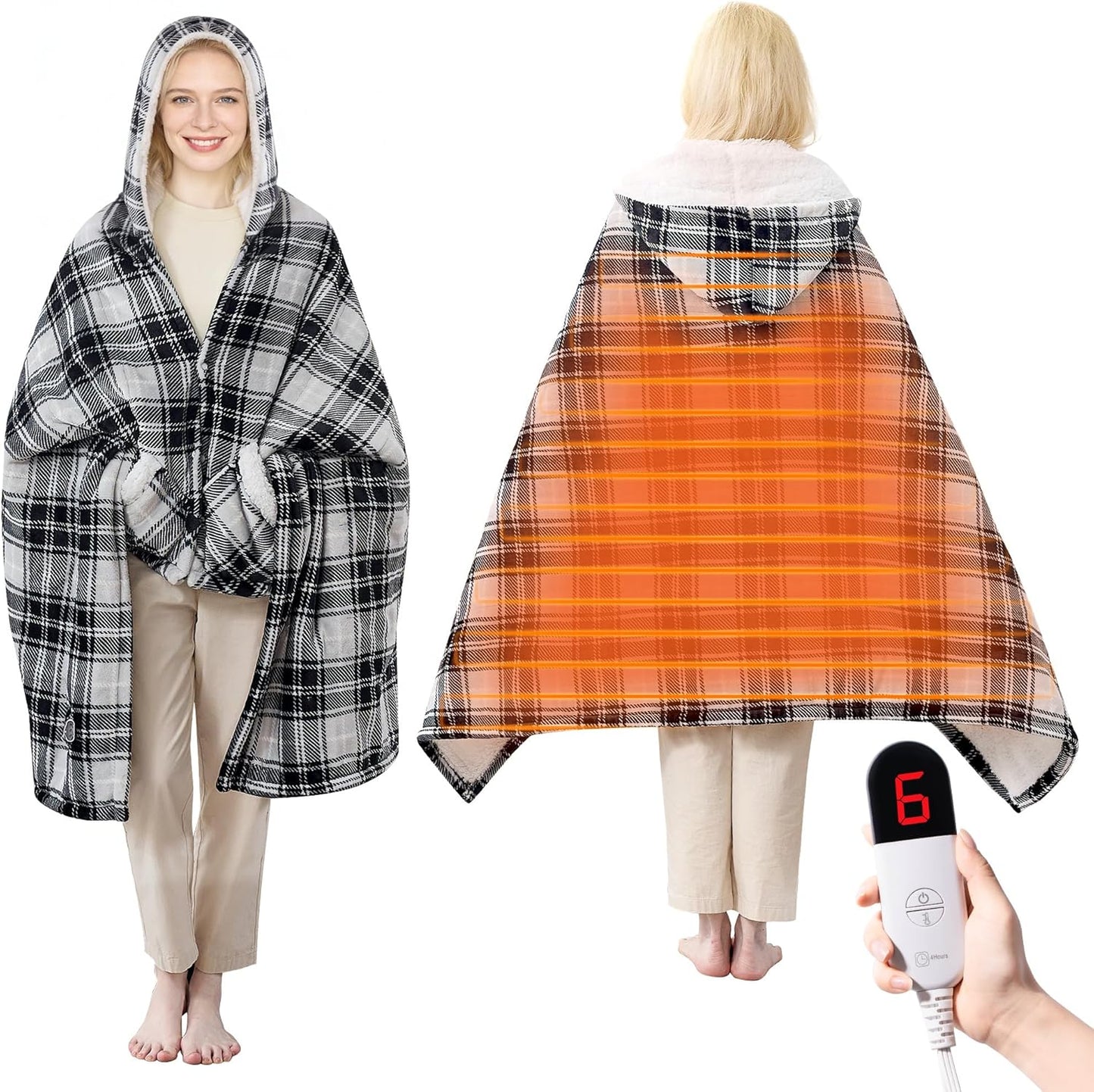 Electric Blanket Wearable Heated Shawl with Hood & Pockets – 6 Heat Levels, 4H Auto-Off, Reversible Flannel & Sherpa, Cozy Plaid Heated Throw for Home, Couch, or Gift, 40"x70", Black & Grey