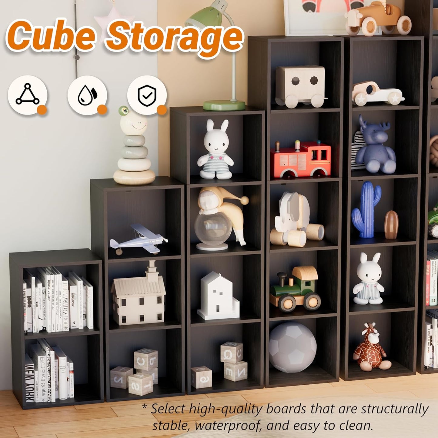 Book Shelf, 4-Tier Bookcase, Wooden Open Cube Storage Organize, 9.3 x 11.8 x 41.7 inches Bookshelf for Living Room, Bedroom, Home Office (Black)