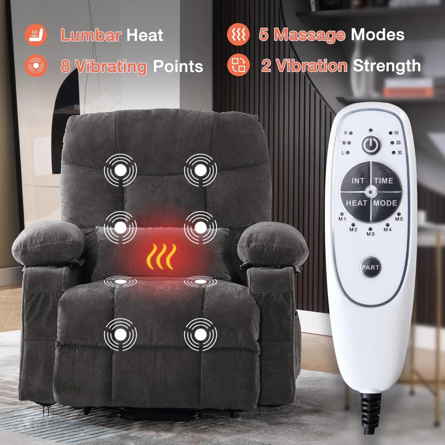 Electric Lift Recliner Single Sofa for Living Room with Two Cup Holders and USB Charge Port Side Pocket with Vibration Massage and Lumbar Heating Power Lift Recliner Chair for Elderly