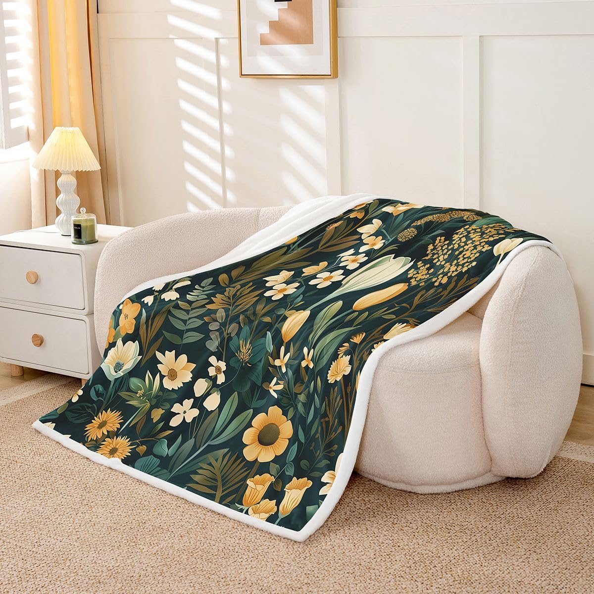 Feelyou Vintage Floral Throw Blanket Boho Floral Soft Fleece Sherpa Cozy Fuzzy Plush Warm Flower Fuzzy Plush Throw Queen 90"x90" for Bed Couch Living Room