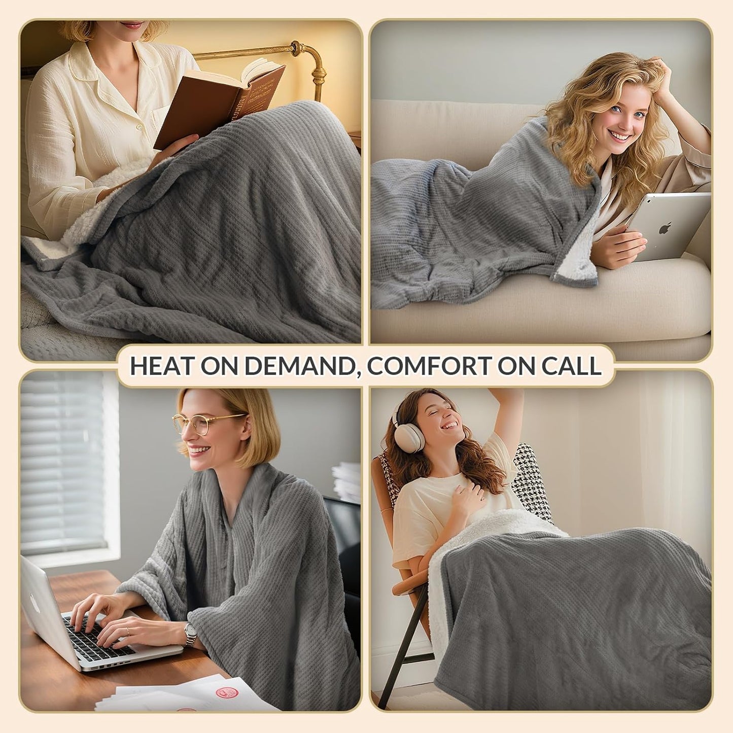 HOMLYNS LuxeHeat Heated Blanket Throw, Soft Flannel Sherpa, Electric Blanket 5 Heat Settings, Fast Heating, Heating Throw Blanket 3 Hours Timer Auto Shut Off, Machine Washable, 50×60 Inches, Grey
