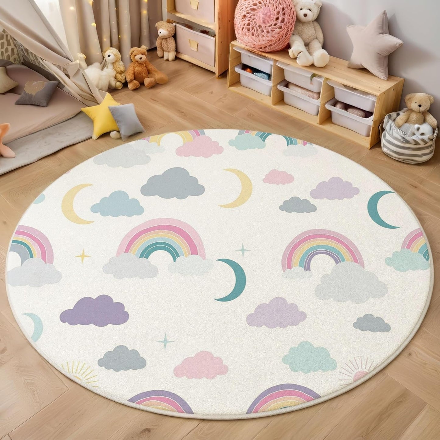 3Ft Round Washable Rug - Large Area Rug for Living Room Dining Room, Creamy Color Soft Bedroom Carpet with Cute Rainbow Clouds Pattern, Cartoon Starry Sky Décor, Low Pile Stain Resistant
