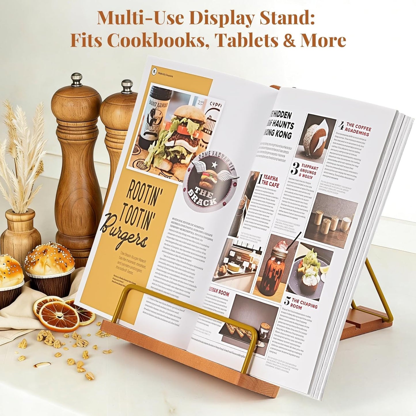 Cookbook Stand for Kitchen Counter, Adjustable Angle Wave Edge Wooden Cookbook Holder for Convenient Cooking, Recipe Book Holder Fits Tablets, Perfect Cooking Gifts for Women