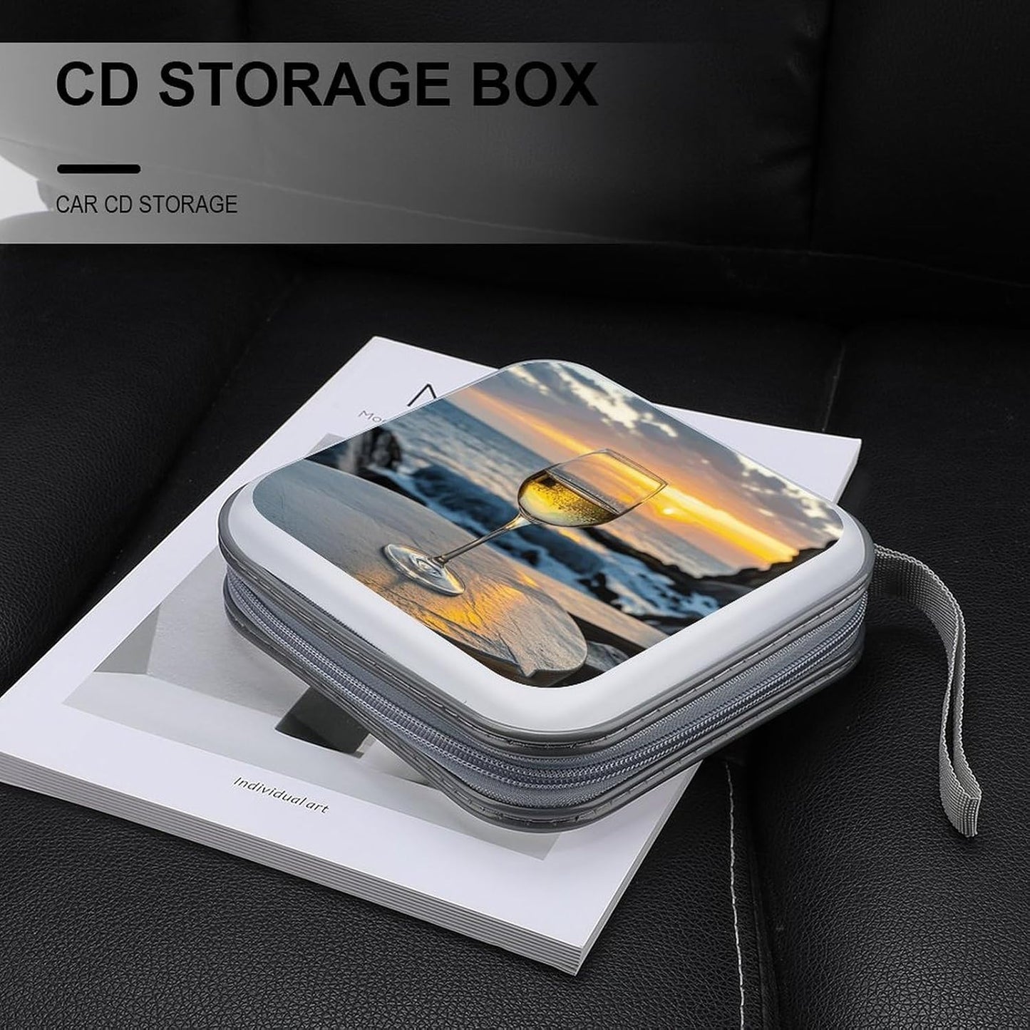 Sunset Wine Glass CD Case Portable Zipper CD Case 40 Capacity Hard Plastic DVD Cases Holder Large Storage Disc Wallet Bag for Car Home Travel DVD Collection Bag