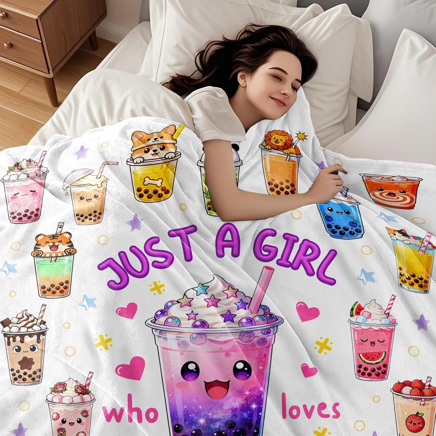 Bubble Tea Blanket Soft Plush Flannel Kawaii Bubble Boba Tea Throw Blanket Just A Girl Who Loves Boba Gifts for Birthday Home Decor Women Kids Adults 50"x40"